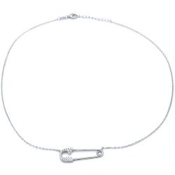 COLLANA SAFETY PIN CATENA GRUMETTA CHARM SPILLA DA BALIA ZIRCONI BIANCHI ARGENTO 925