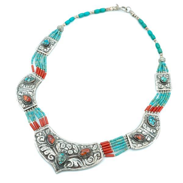 COLLANA GIROCOLLO MULTIFILO TIBETANA CORALLO TURCHESE LAVORATO A MANO ARGENTO 925
