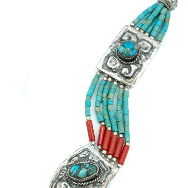 COLLANA GIROCOLLO MULTIFILO TIBETANA CORALLO TURCHESE LAVORATO A MANO ARGENTO 925