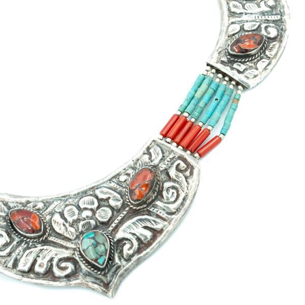 COLLANA GIROCOLLO MULTIFILO TIBETANA CORALLO TURCHESE LAVORATO A MANO ARGENTO 925