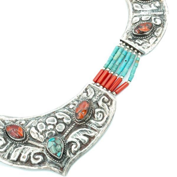 COLLANA GIROCOLLO MULTIFILO TIBETANA CORALLO TURCHESE LAVORATO A MANO ARGENTO 925