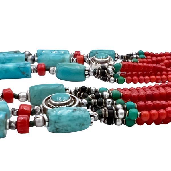 COLLANA GIROCOLLO TIBETANO CORALLO TURCHESE LAVORATA A MANO ARGENTO 925