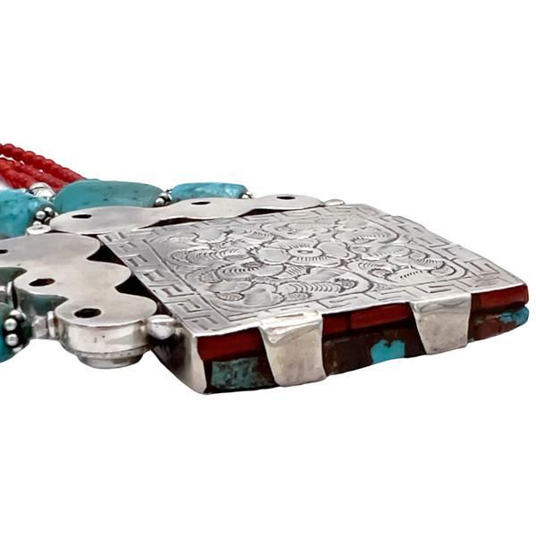 COLLANA GIROCOLLO TIBETANO CORALLO TURCHESE LAVORATA A MANO ARGENTO 925