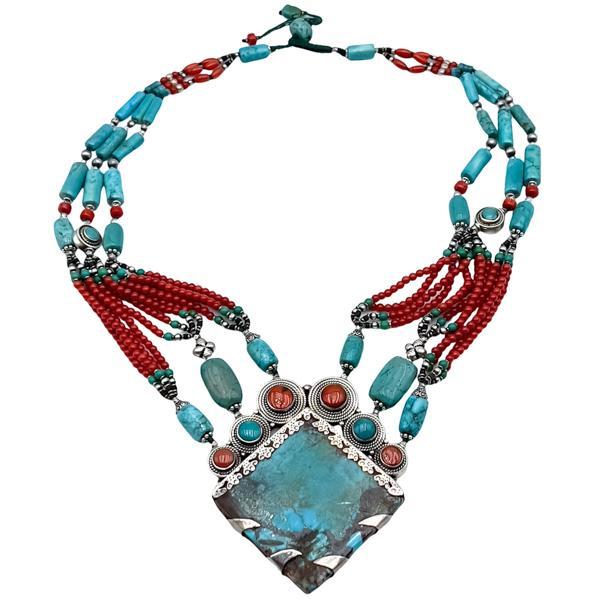 COLLANA GIROCOLLO TIBETANO CORALLO TURCHESE LAVORATA A MANO ARGENTO 925