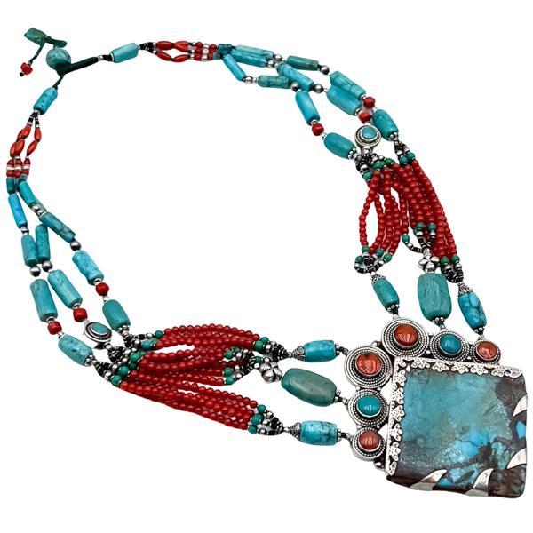 COLLANA GIROCOLLO TIBETANO CORALLO TURCHESE LAVORATA A MANO ARGENTO 925