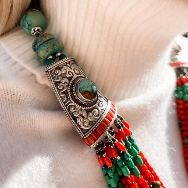 COLLANA TIBETANA ETNIC MULTIFILO CORALLO  TURCHESE  LAVORATA A MANO ARGENTO 925