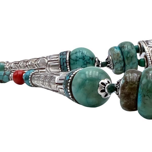 COLLANA TIBETANA ETNIC MULTIFILO CORALLO  TURCHESE  LAVORATA A MANO ARGENTO 925