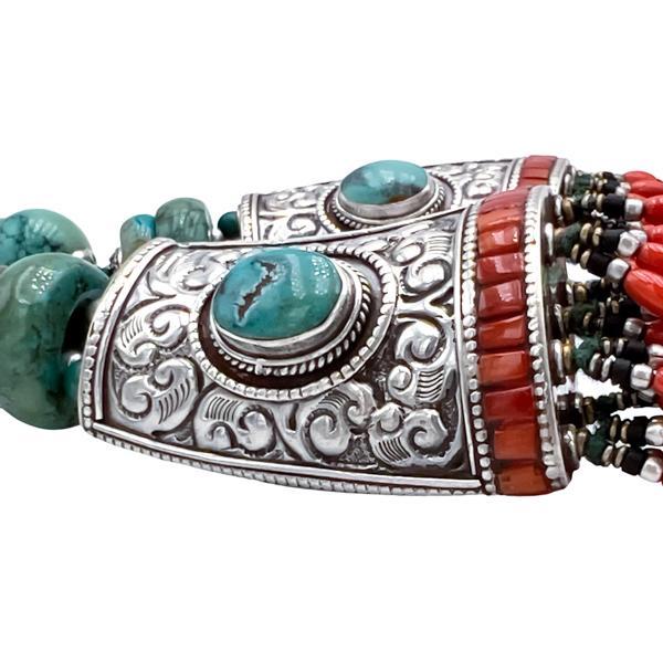 COLLANA TIBETANA ETNIC MULTIFILO CORALLO  TURCHESE  LAVORATA A MANO ARGENTO 925