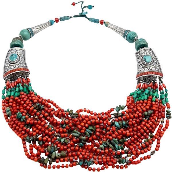 COLLANA TIBETANA ETNIC MULTIFILO CORALLO  TURCHESE  LAVORATA A MANO ARGENTO 925