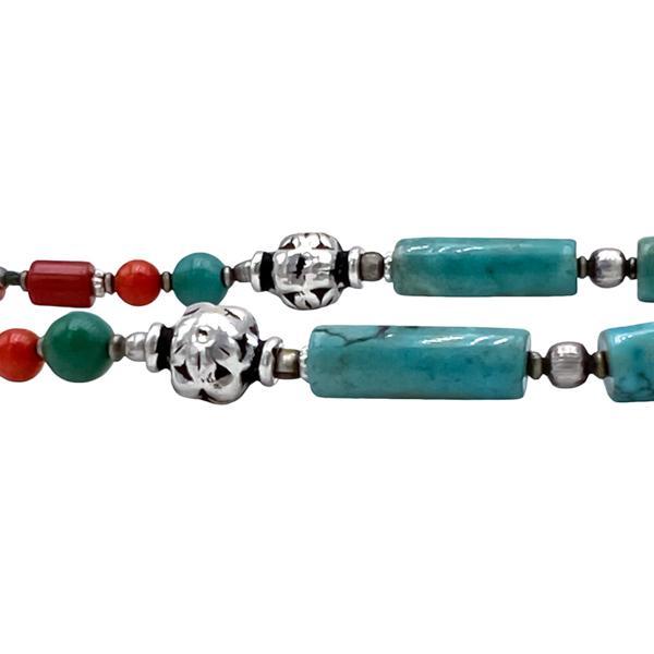 COLLANA TIBETANA PENDENTE MOSAICO CORALLO TURCHESE LAVORATA A MANO ARGENTO 925