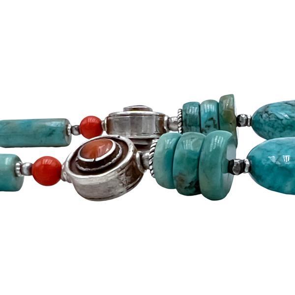 COLLANA TIBETANA PENDENTE MOSAICO CORALLO TURCHESE LAVORATA A MANO ARGENTO 925