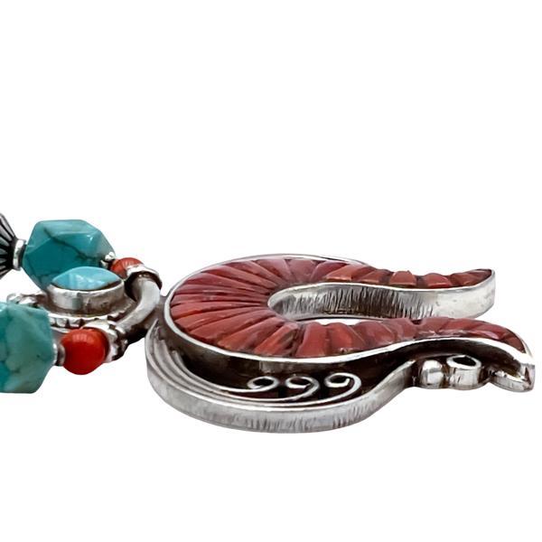 COLLANA TIBETANA PENDENTE MOSAICO CORALLO TURCHESE LAVORATA A MANO ARGENTO 925
