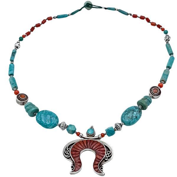 COLLANA TIBETANA PENDENTE MOSAICO CORALLO TURCHESE LAVORATA A MANO ARGENTO 925