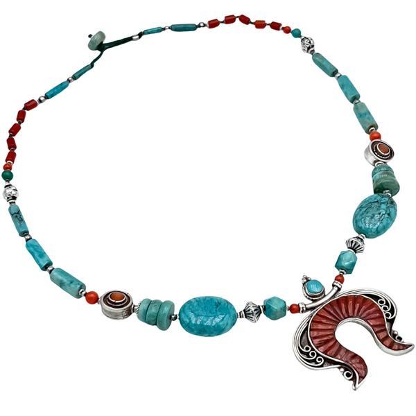 COLLANA TIBETANA PENDENTE MOSAICO CORALLO TURCHESE LAVORATA A MANO ARGENTO 925