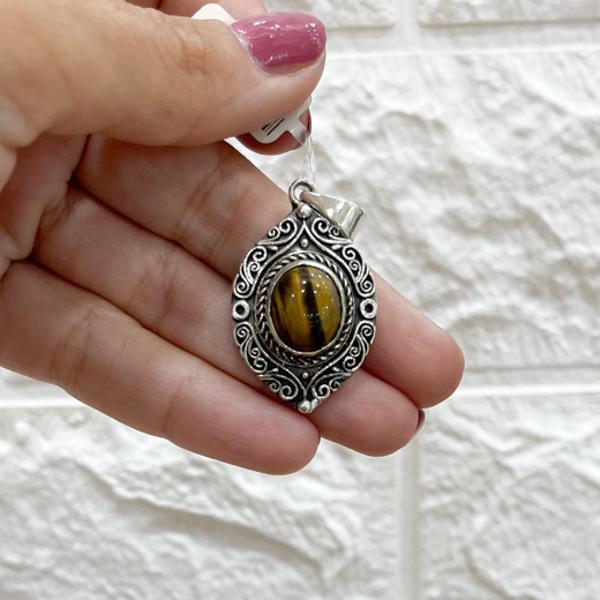 CIONDOLO PENDENTE ELLISSI CHARM INTARSIATO OCCHIO DI TIGRE ARGENTO 925