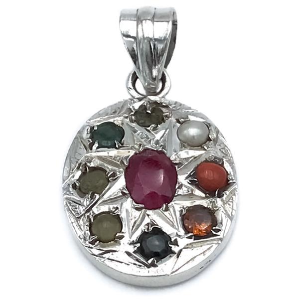 CIONDOLO NAVARATNA  OVALE NOVE PIETRE ARGENTO 925