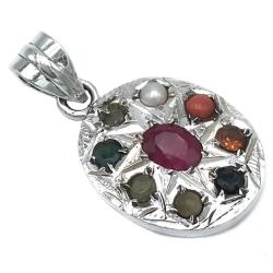 CIONDOLO NAVARATNA  OVALE NOVE PIETRE ARGENTO 925