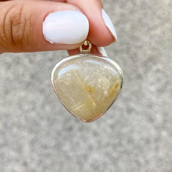 CIONDOLO MINIMAL PENDENTE GOCCIA QUARZO RUTILATO ARGENTO 925