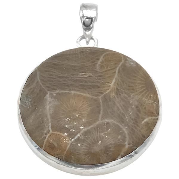 CIONDOLO MINIMAL PENDENTE ROTONDO PETOSKEY CORALLO FOSSILE ARGENTO 925