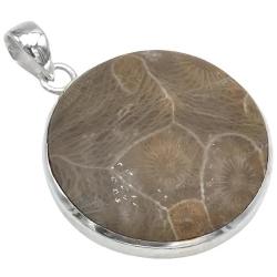 CIONDOLO MINIMAL PENDENTE ROTONDO PETOSKEY CORALLO FOSSILE ARGENTO 925