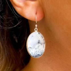 ORECCHINI MINIMAL CHIC PENDENTI OVALI AGATA DENDRITICA ARGENTO 925