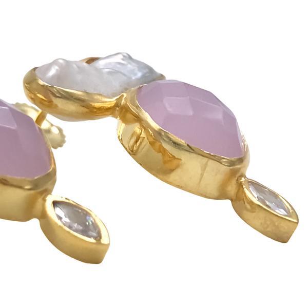 ORECCHINI LOBO QUARZO ROSA PERLA DI FIUME DORATI ARGENTO 925