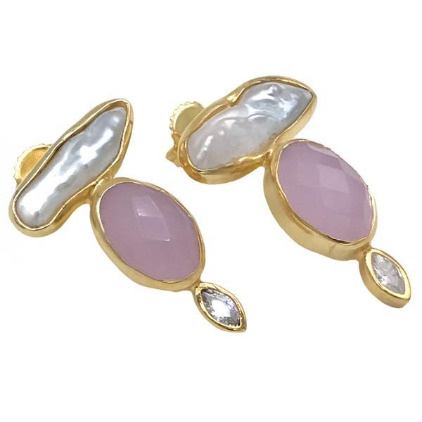 ORECCHINI LOBO QUARZO ROSA PERLA DI FIUME DORATI ARGENTO 925