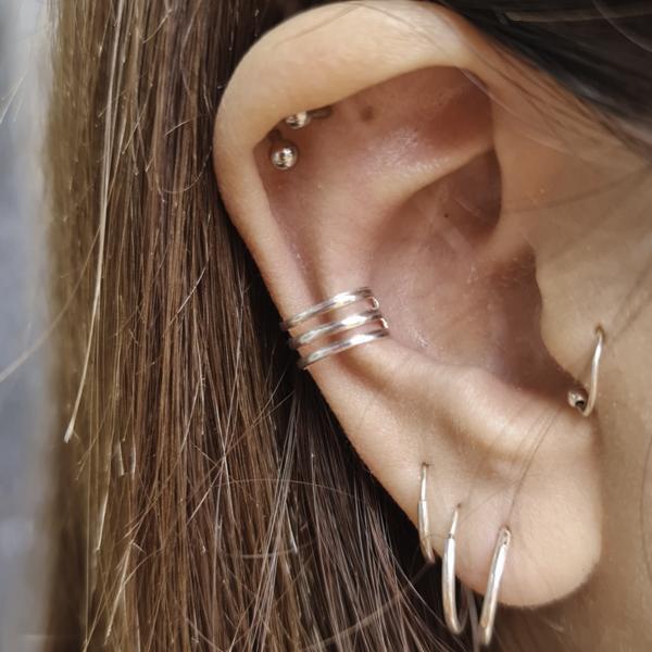 EAR CUFF MONO ORECCHINO TRIPLA FASCIA BOMBATA ARGENTO 925