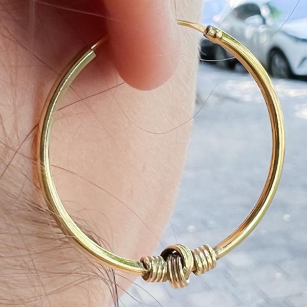 MONO ORECCHINO ETNICO CERCHIO BOMBATO MODANATURA  NODO CENTRALE ARGENTO 925  DORATO 
