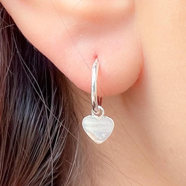 MONO ORECCHINO CHARM HEART CERCHIO BOMBATO CIONDOLO CUORE PIATTO ARGENTO 925