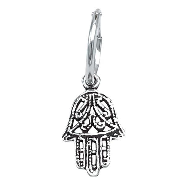 MONO ORECCHINO CERCHIETTO BOMBATO CIONDOLO CHARM MANO DI FATIMA ARGENTO 925 