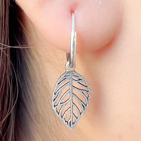 MONO ORECCHINO LEAF CERCHIETTO BOMBATO CIONDOLO FOGLIA ARGENTO 925