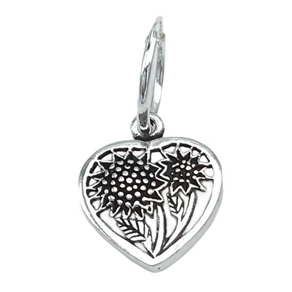 MONO ORECCHINO SUNFLOWER CERCHIO BOMBATO CIONDOLO CUORE GIRASOLI ARGENTO 925