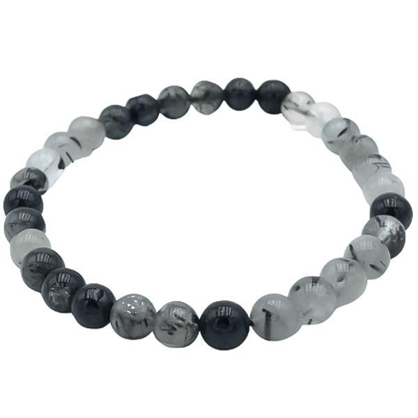 BRACCIALE ENERGETICO ELASTICO UNISEX SFERE QUARZO RUTILATO NERO REGOLABILE 