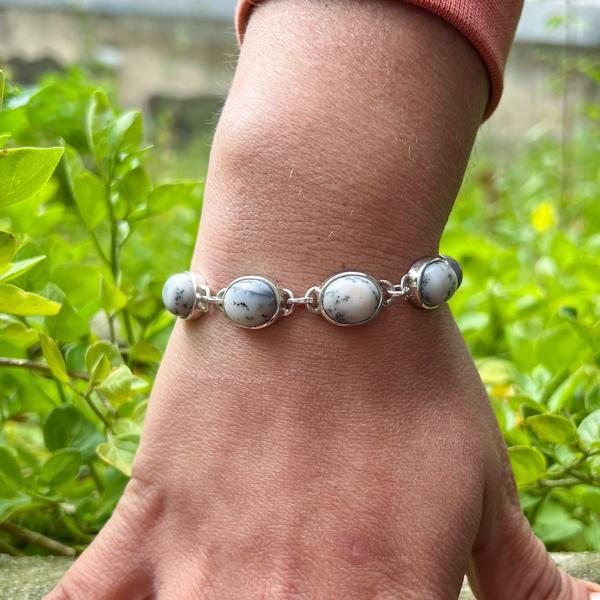 BRACCIALE 8 PIETREAGATA DENDRITICA CORNICE MINIMAL REGOLABILE ARGENTO 925