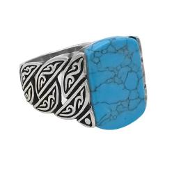 ANELLO ETNICO TRIBAL INCISO PIETRA HOWLITE TURCHESE  ARGENTO 925