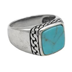 ANELLO CHEVALIER QUADRATO PIETRA PIATTA TURCHESE CORNICE CATENA ARGENTO 925