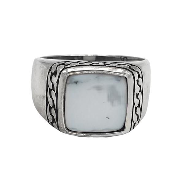 ANELLO CHEVALIER QUADRATO PIETRA PIATTA HOWLITE BIANCA CORNICE CATENA ARGENTO 925