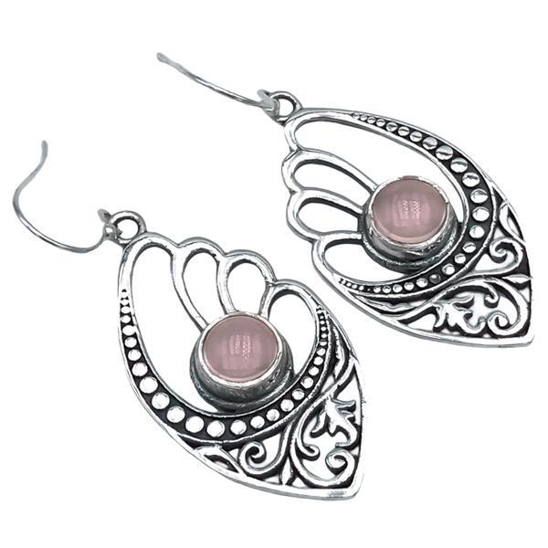 ORECCHINI PENDENTI ALI ETHNIC PIETRA NATURALE QUARZO ROSA ARGENTO 925