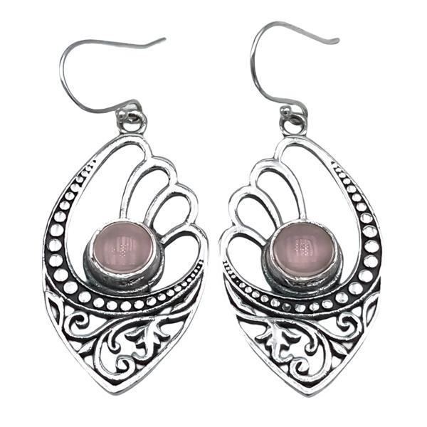ORECCHINI PENDENTI ALI ETHNIC PIETRA NATURALE QUARZO ROSA ARGENTO 925